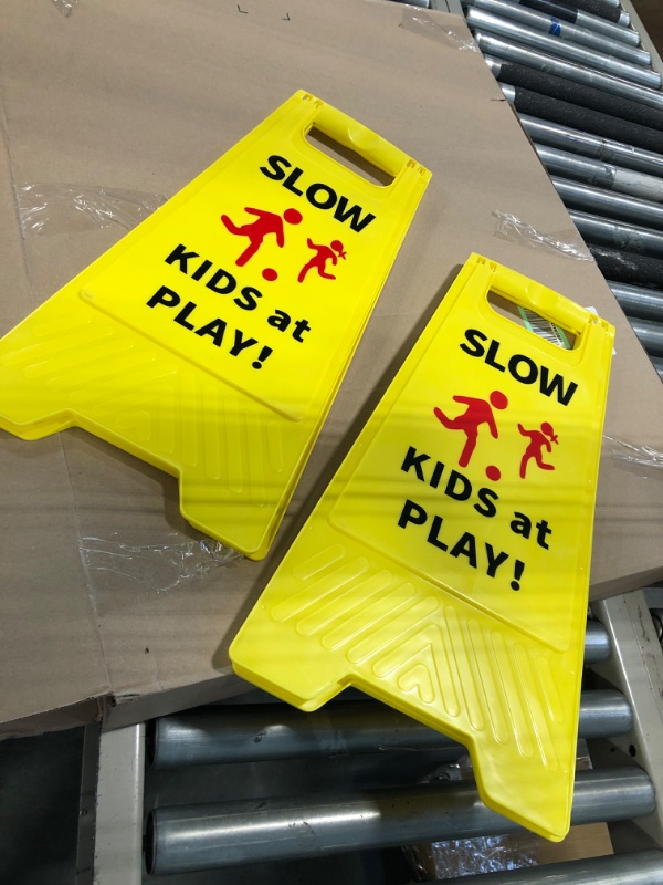 Photo 2 of Slow Kids at Play Signs for Street, Double-Sided Text and Graphics with Reflective Tape, Children at Play Safety Sign for Neighborhoods Schools Park Sidewalk Driveway (2-Pack Yellow) Yellow 2-Pack