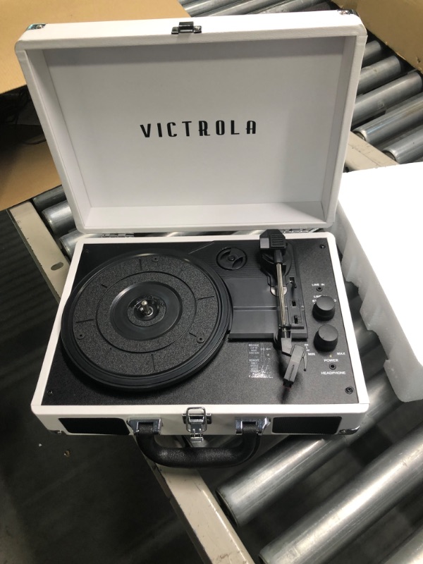 Photo 3 of Victrola Vintage 3-Speed Bluetooth Portable Suitcase Record Player with Built-in Speakers | Upgraded Turntable Audio Sound | White White/Silver Record Player