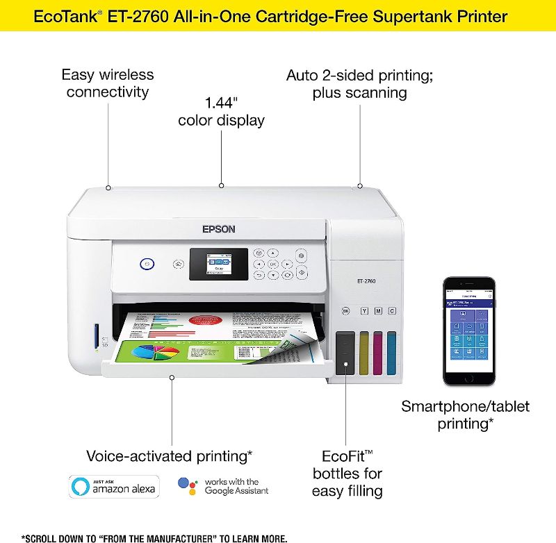 Photo 1 of Epson EcoTank ET-2760 Wireless Color All-in-One Cartridge-Free Supertank Printer with Scanner and Copier