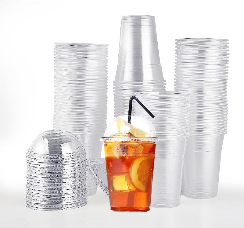 Photo 1 of 100 PACK 12 oz Clear Plastic Cups with Dome Lids, Disposable Dessert Cups, Parfait Cups for Ice Cream, Iced Cold Coffee Drinks, Cupcake, Fruit Cups for Party