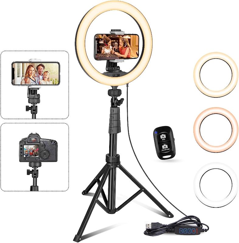 Photo 1 of UBeesize 10''Selfie Ring Light with 62''Tripod Stand, Led Ring Light with Phone Holder and Remote for Video Recording/Zoom Meeting (YouTube/Tiktok/Twitch), Compatible with Phones, Cameras & Webcams
