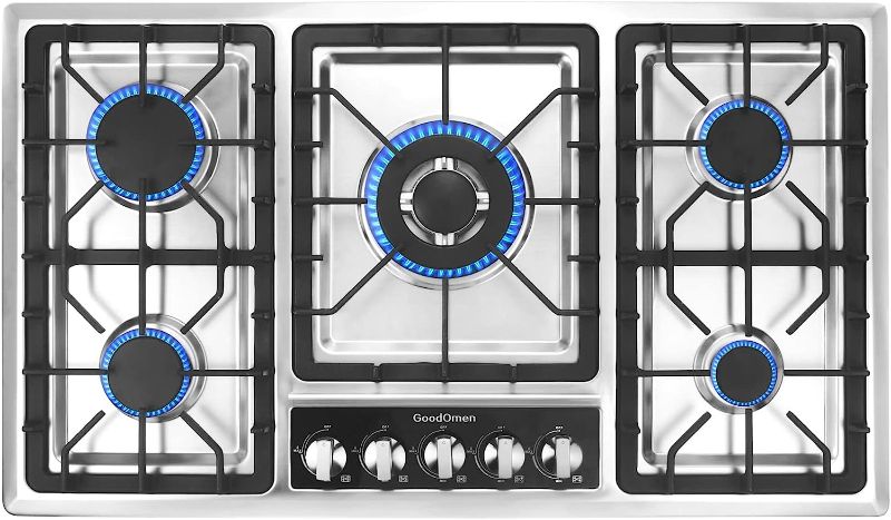 Photo 1 of 34 Inch Gas Cooktop with 5 Sealed Burners in Stainless Steel, Cast Iron Grates, LPG/NG Convertible and Easy to Clean
