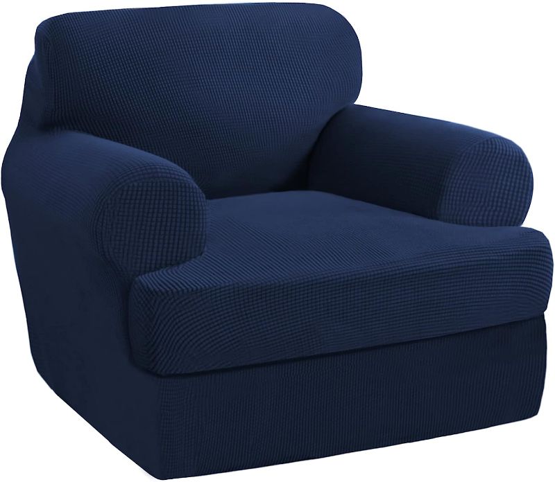 Photo 1 of 2 Pieces Armchair Slipcover Stretch Couch Covers for T Cushion Chair Slipcovers Soft Armchiar Covers Furniture Covers with 1 Individual T Cushion Shape Seat Covers Machine Washable, Navy
