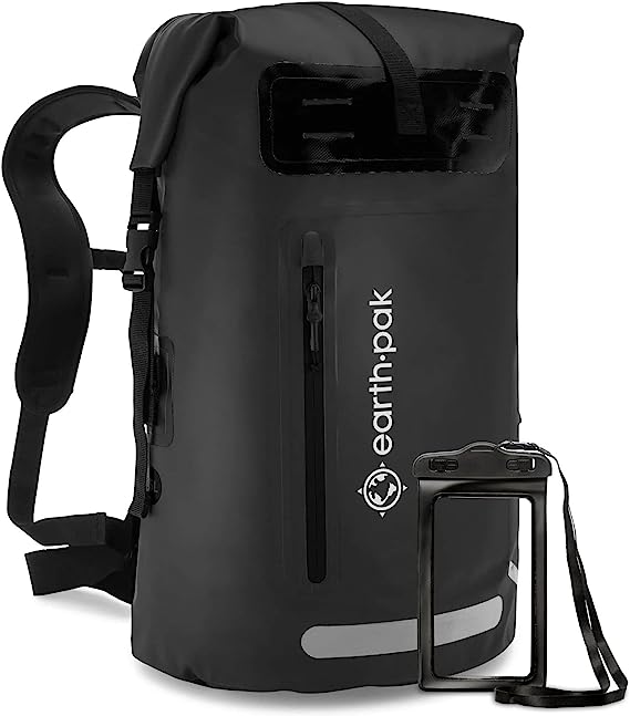 Photo 1 of Earth Pak Waterproof Backpack: 35L Heavy Duty Roll-Top Closure with Easy Access Front-Zippered Pocket and Cushioned Padded Back Panel for Comfort with IPX8 Waterproof Phone Case