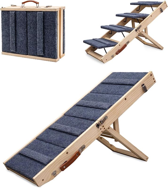 Photo 1 of APPOLYN Adjustable Dog Ramp, Portable Folding Pet Stairs for Small&Medium Old Animals with Non-Slip Surface, 2 Adjustable Height from 13.4'' to 18.1'', Rated 65LBS, Dog Steps for Beds, Sofa, Couch
