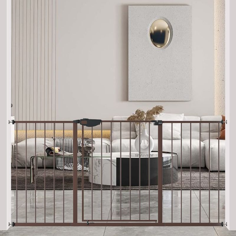 Photo 1 of ALLAIBB Brown Triple Lock Extra Wide Baby Gate Pressure Mounted Walk Through Safe Auto Close Metal Dog Pet Puppy Cat for Stairs,Doorways,Kitchen 31.1-86.22"