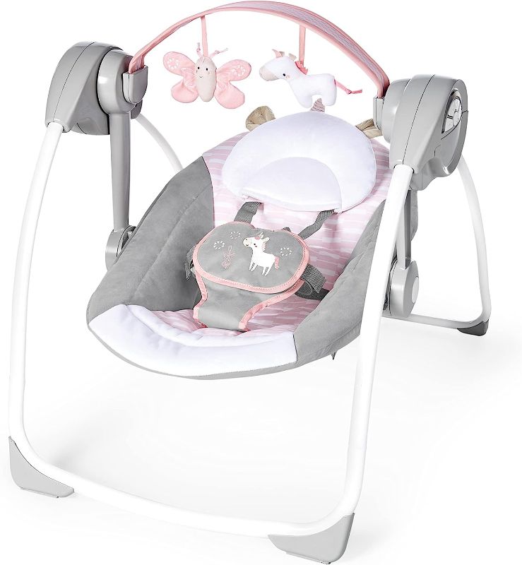 Photo 1 of Ingenuity Comfort 2 Go Compact Portable 6-Speed Cushioned Baby Swing with Music, Folds Easy, 0-9 Months 6-20 lbs (Pink Flora the Unicorn)