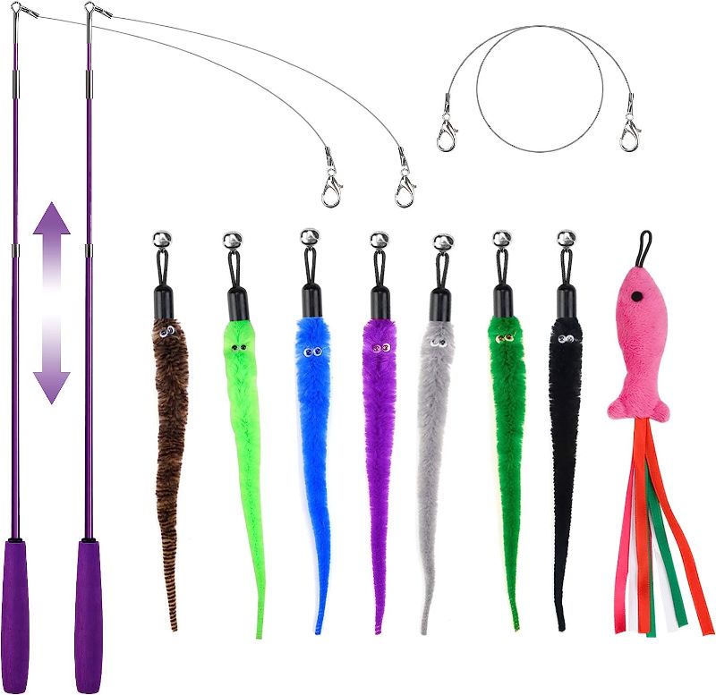 Photo 1 of 11 Pack Cat Toys Interactive Cat Feather Toys, 2 Retractable Cat Toy Wand, Variety 7 Worms and 1 Catnip Fish Teaser Refills with Bells, Kitten Toys Assortments Fun for Indoor Cats, 1 Replacement Line
Set of 2