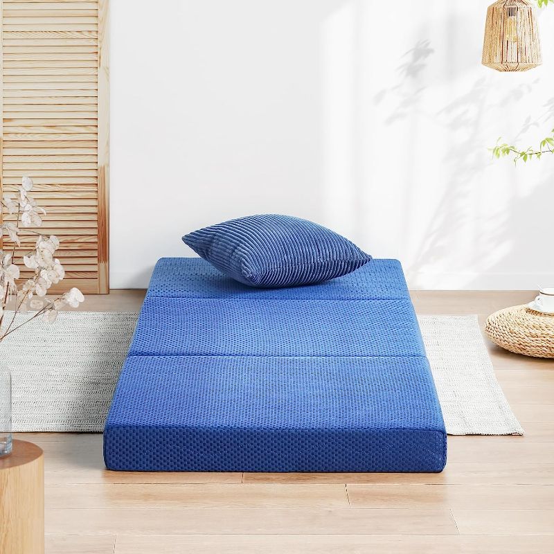 Photo 1 of 4" Tri-Fold Multi-Functional I-Gel Infused Memory Foam Topper Sofa Bed/Floor Mat, Blue, Twin XL
