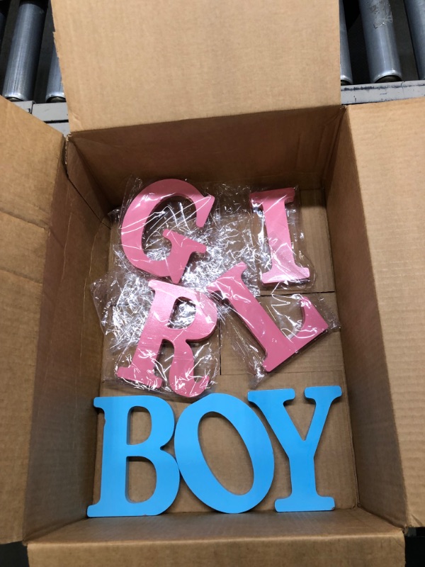 Photo 1 of Boy or Girl Sign – Blue and Pink Wooden Tabletop Decor? for Gender Reveal and Baby Shower Party