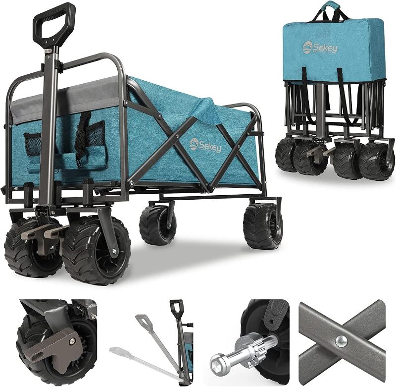 Photo 1 of Sekey Collapsible Foldable Wagon with 220lbs Weight Capacity, Heavy Duty Folding Garden Cart with Big Beach Brake Wheels & Drink Holders.Light Blue
