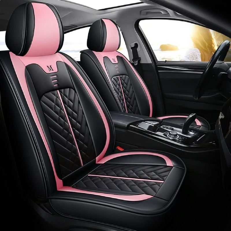 Photo 1 of Cartoon Cat Car Seat Covers Luxury PU Leather Universal Auto Front & Rear Seat Protector Sedan SUV 5 Seats Full Set Universal Fit (Black-Pink)