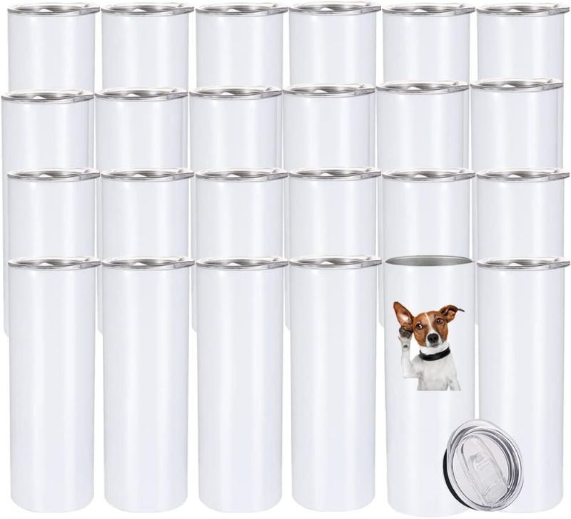 Photo 1 of 24 Pack Sublimation Tumblers Bulk 20oz Blank White Straight Skinny Tumbler Stainless Steel Double Wall Insulated with Lid, Individually Boxed,