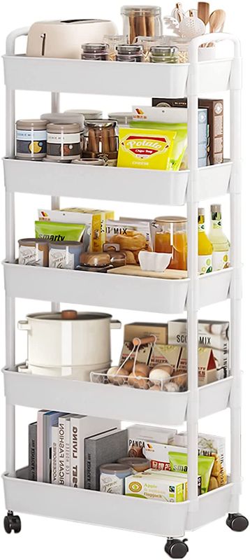 Photo 1 of 5-Tier Rolling Cart, Multipurpose Utility Cart, Rolling Carts with Lockable Wheels, Storage Cart Craft Cart Organizer for Bathroom Laundry Kitchen,Used as Book Art Snack lash Makeup Diaper cart,White