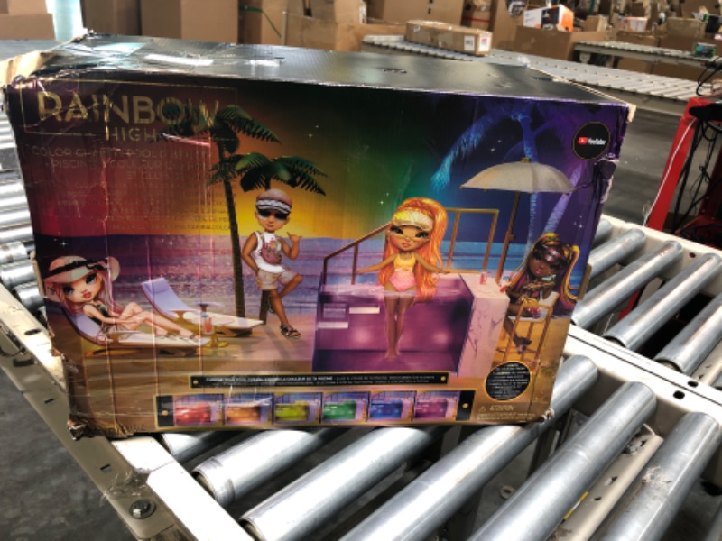 Photo 3 of Rainbow High Color Change Pool & Beach Playset : 7-in-1 Light-Up-Multicolor Changing Pool, Adjustable Umbrella, and Pool Accessories. Fits 7 Fashion Dolls, Toy Gift for Kids Ages 6 7 8+ to 12 578475