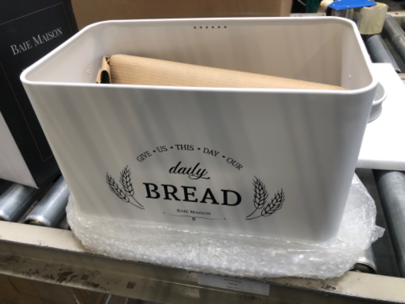 Photo 3 of Baie Maison Extra Large White Farmhouse Bread Box for Kitchen Countertop - Breadbox Holder Fits 2+ Loaves - Bread Storage Container Bin - Rustic Bread Keeper Vintage Metal Kitchen Decor for Counter