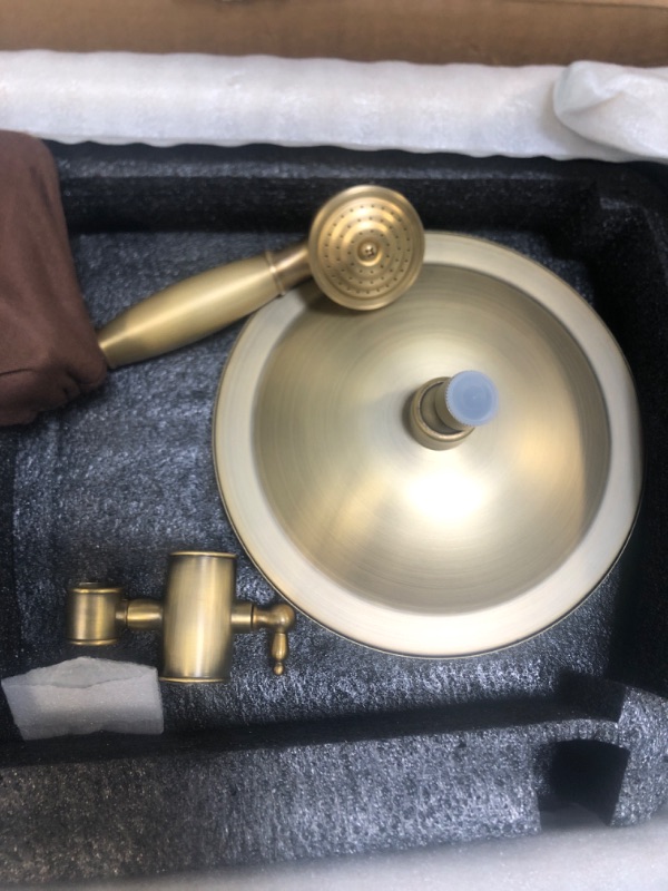 Photo 7 of Wowkk Tub Filler Freestanding Bathtub Faucet Brushed Gold Floor Mounted Brass Bathroom Tub Faucets with Hand Shower