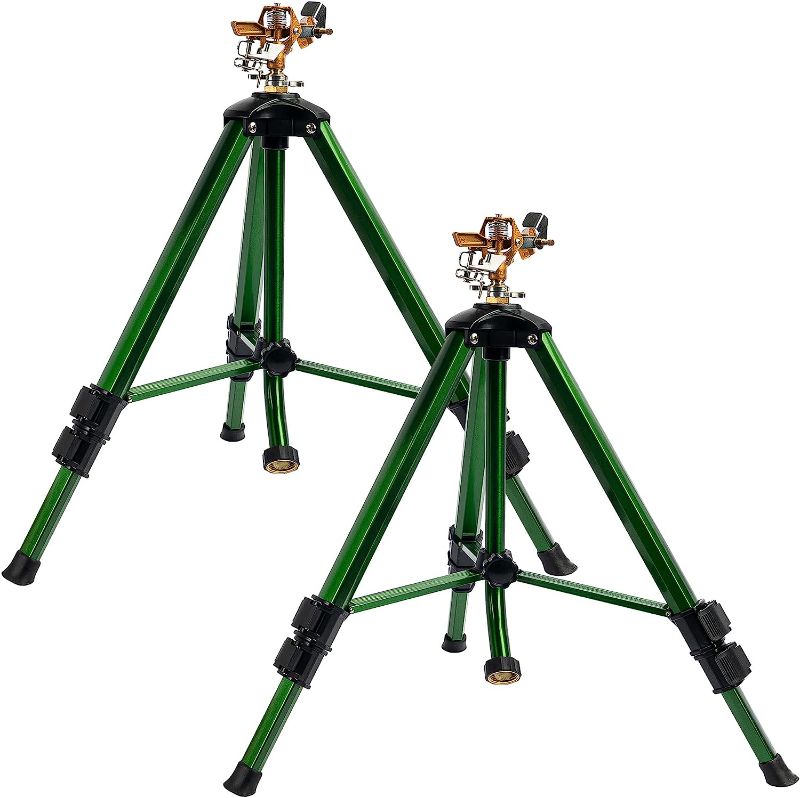 Photo 1 of Hourleey Impact Sprinkler on Tripod Base, 2 Pack Heavy Duty Sprinklers for Lawn Yard Garden, 0-360 Degree Large Area Coverage, 3/4 Inch Connector Extension Legs Flip Locks with Brass Head