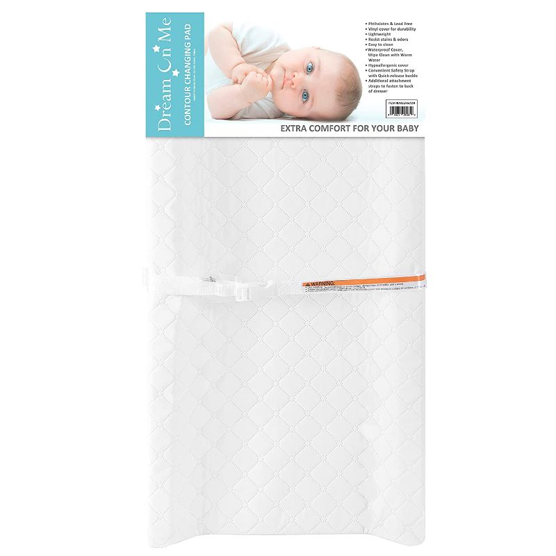 Photo 1 of Dream On Me Two Sided Contour Changing Pad 2022, White, Lightweight with Non Skid Bottom, Convenient Safety Strap, Waterproof Vinyl Cover, Phthalate