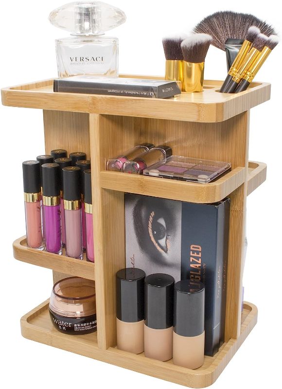 Photo 1 of 360° Bamboo Cosmetic Organizer, Multi-Function Storage Carousel for Makeup, Toiletries, and More — Great for Vanity, Desk, Bathroom, Bedroom, Closet