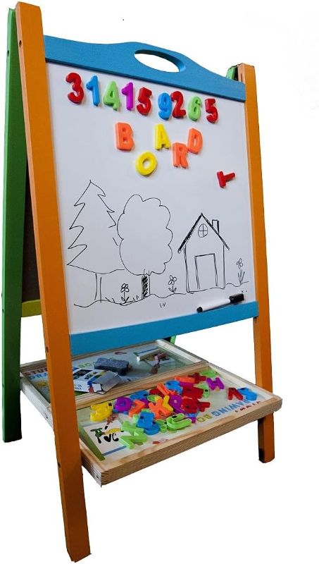 Photo 1 of 
Double Sided Wooden Art Easel for Kids Standing Magnetic Whiteboard Chalkboard Small Toddler Toys. Includes Wooden ABC Numbers. Eco Friendly
