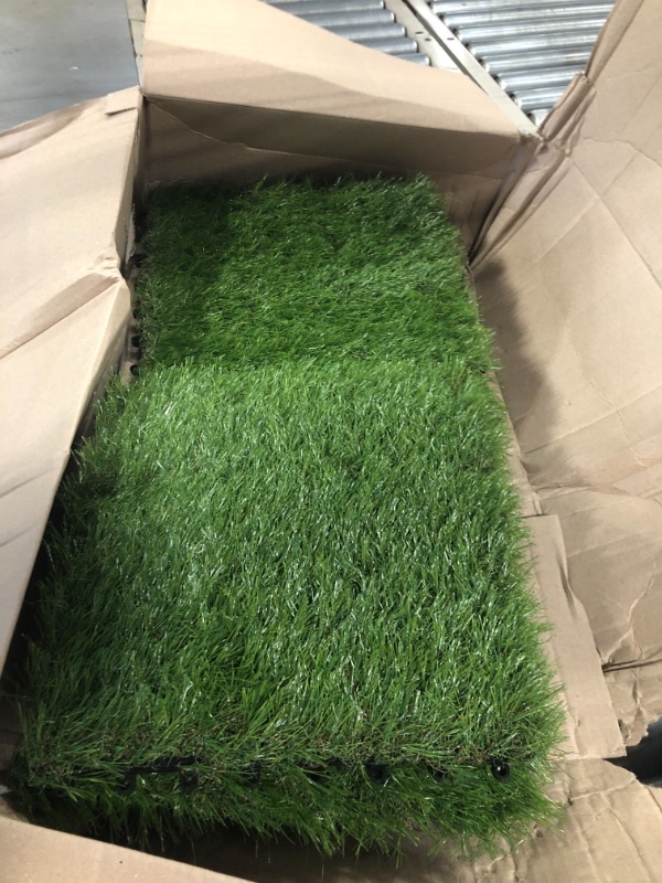Photo 4 of XLX TURF Artificial Grass Tiles Interlocking Turf Deck Set 9 Pack - 12"x12" Synthetic Fake Grass Self-draining Mat Flooring Decor Pad for Dog Pet Indoor Outdoor 9 Piece