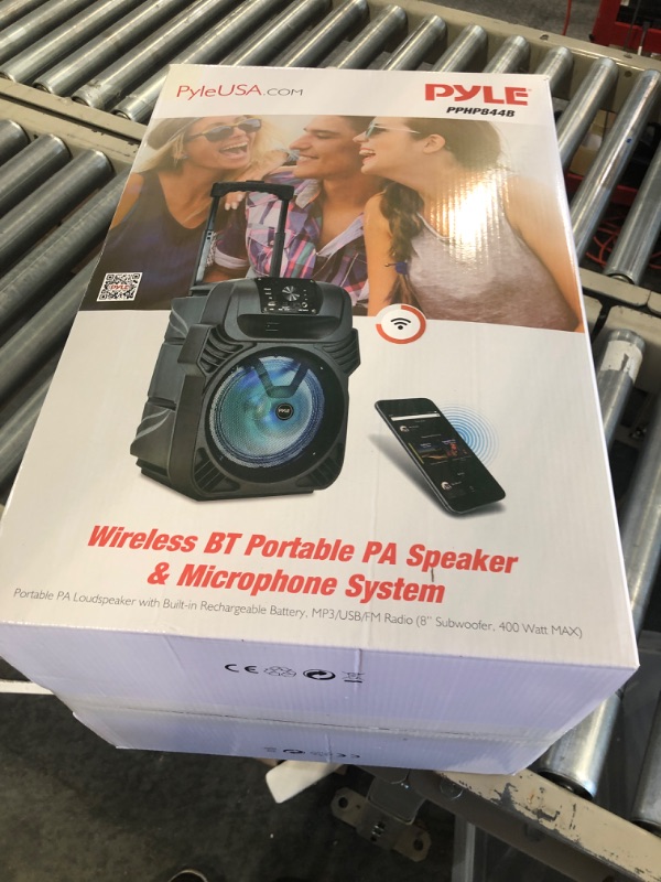 Photo 2 of 400W Portable Bluetooth PA Loudspeaker - 8” Subwoofer System, 4 Ohm/55-20kHz, USB/MP3/FM Radio/ ¼ Mic Inputs, Multi-Color LED Lights, Built-in Rechargeable Battery w/ Remote Control - Pyle PPHP844B