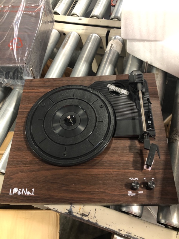 Photo 1 of LP&No.1 Bluetooth Vinyl Record Player with External Speakers, 3-Speed Belt-Drive Turntable for Vinyl Albums with Auto Off and Bluetooth Input DarkBrown Wood