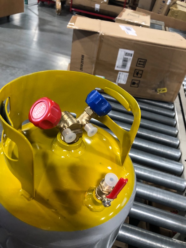 Photo 4 of Refrigerant Recovery Cylinder Tank 50 LB Capacity Y-Valve Liquid/Vapor Recovery Can Reusable Save Without Float Switch for R22/R134A/R410A Gray Yellow