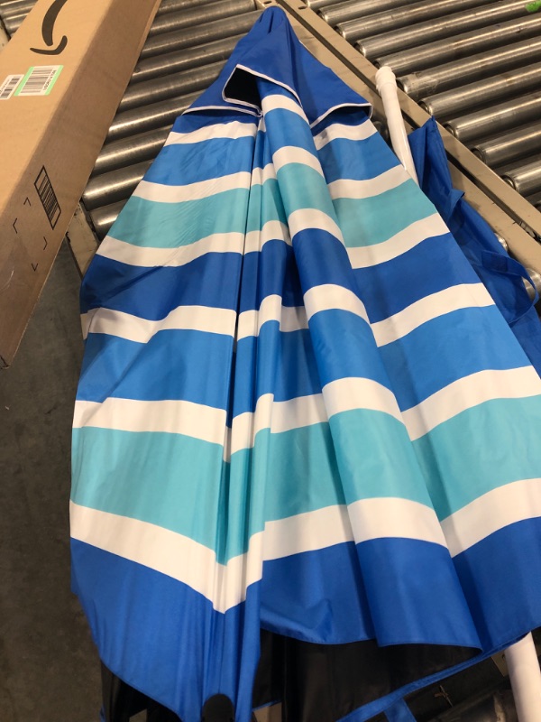 Photo 1 of 6.5FT Beach Umbrella for Sand Portable Outdoor Beach Umbrella with Sand Anchor Fiberglass Rib Push Button Tilt and Carry Bag Blue/White