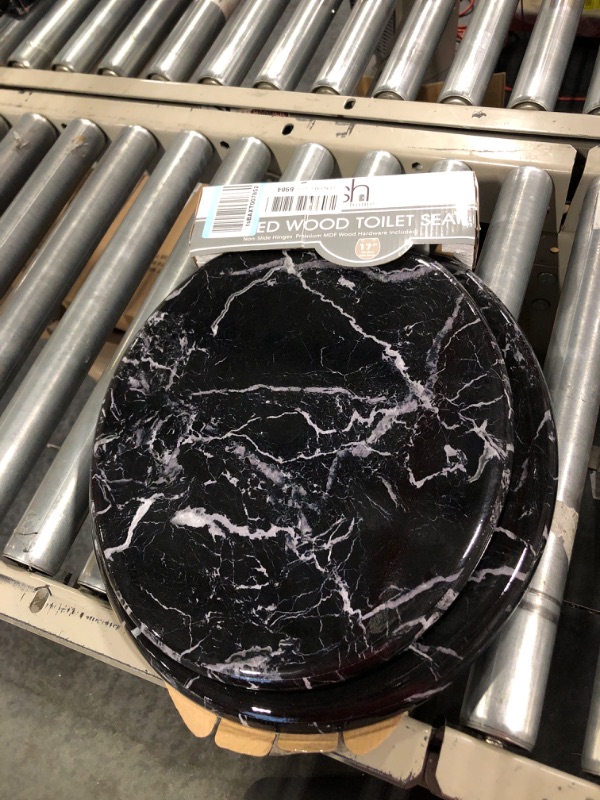Photo 1 of Dream Bath Heavy Duty Round Toilet Seat with non-slip seat and quick-attach easy install hardware, Marbleized Wood Black