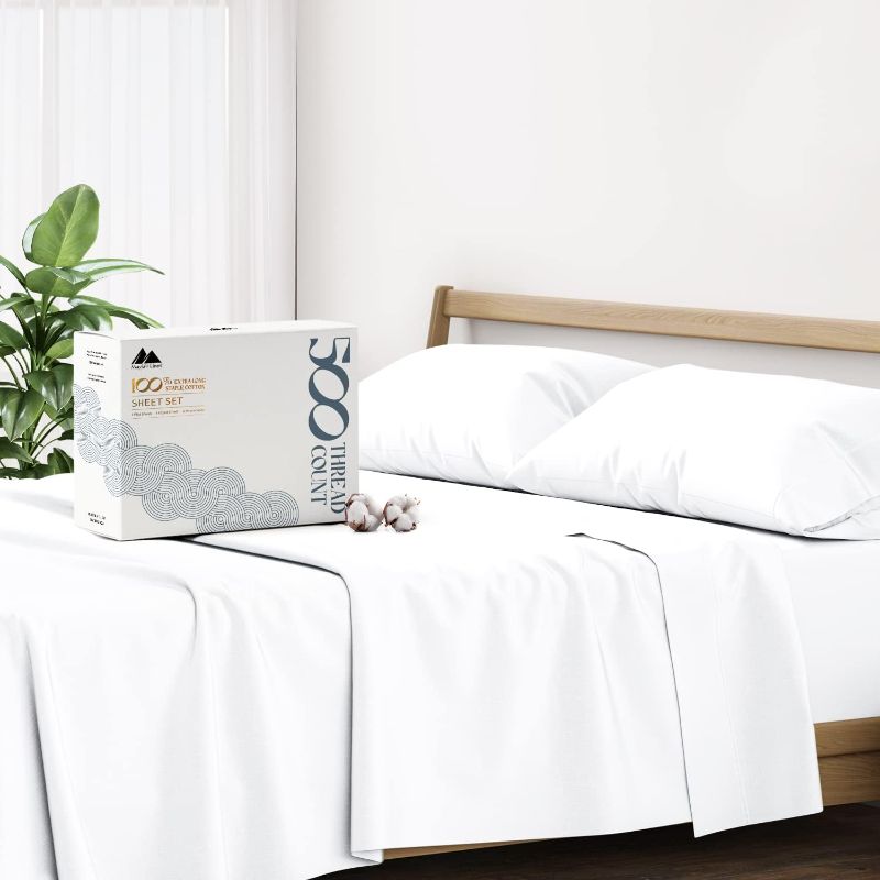 Photo 1 of Mayfair Linen 500 Thread Count 100% Cotton Sheet White Sheets Set, 4-Piece Long-Staple Pure Cotton Best Sheets for Bed, Breathable, Soft & Silky Sateen Weave Fits Mattress Upto 16'' Deep Pocket