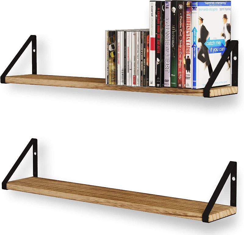 Photo 1 of Wallniture Ponza Floating Shelves for Living Room Wall Decor, 24" Wood Wall Bookshelves, DVD Storage Shelf Bedroom Bathroom Decor Natural Burnt Set of 2