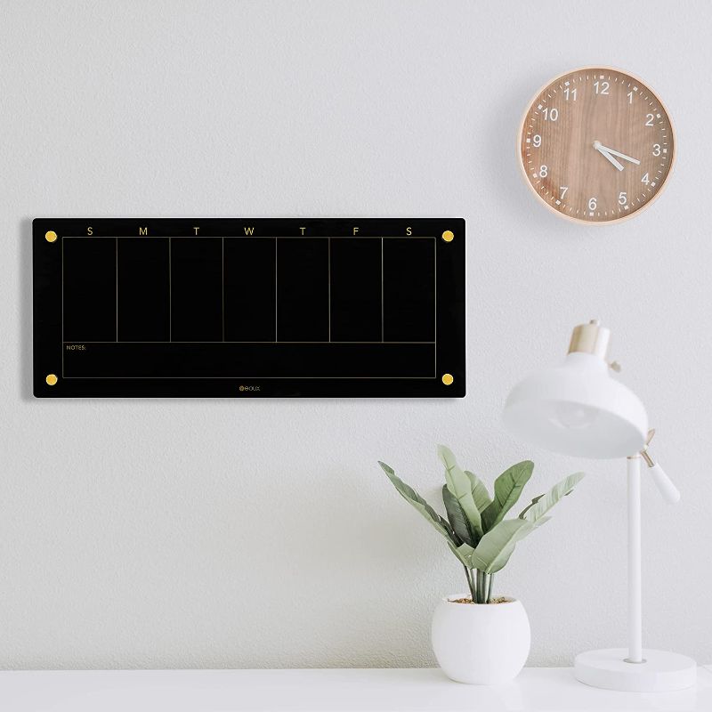 Photo 1 of Black Glass Golden Weekly Dry Erase Calendar Whiteboard for Wall, to Do List & 7 Days Planner White Board for Home Office, 23x9.5", 4 Wet Erase Markers Included, Yeoux Black. Weekly-23" x 9.5"