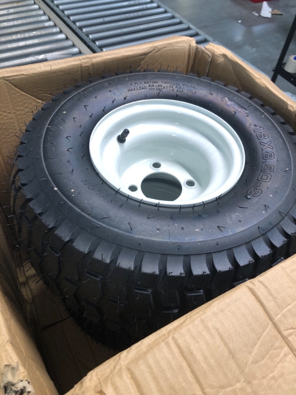Photo 1 of (2-Pack) 18” Tubeless Tires On Rims - 18x8.5-8 Tire and Wheel Assemblies - 4-Lug 4” Center - 2.83” Center Bore - Load Range B Max Tire Weight of 815 Lbs - Compatible with Alumacraft Boat Trailers 18"x8.5-8" white
