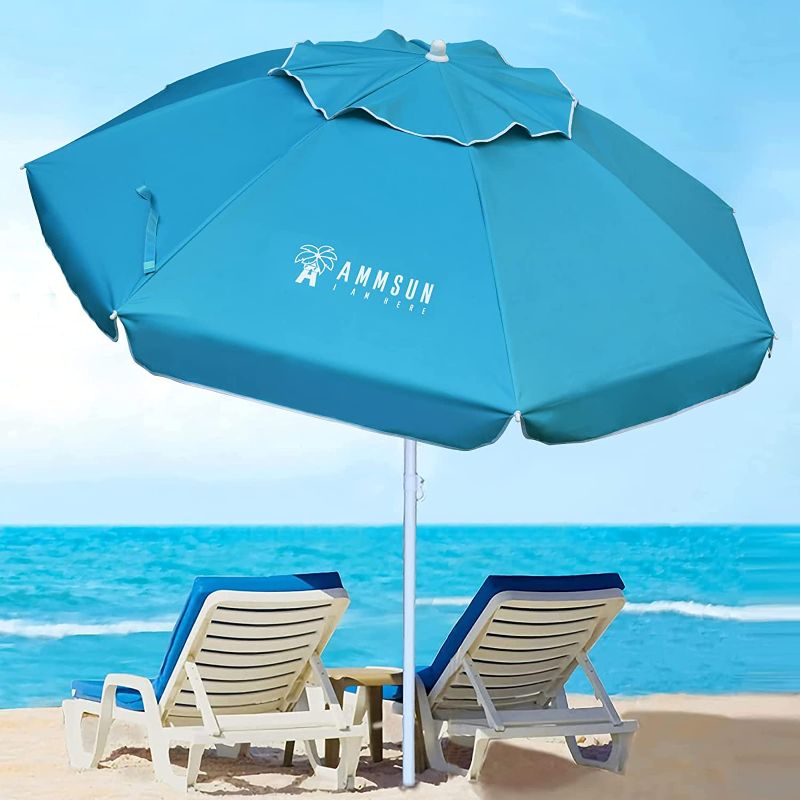 Photo 1 of AMMSUN Heavy Duty HIGH Wind Beach Umbrella with tilt Sun Shelter, UV 50+ Protection Outdoor Sunshade Umbrella with Carry Bag for Patio Garden Beach Pool Backyard Sky Blue
