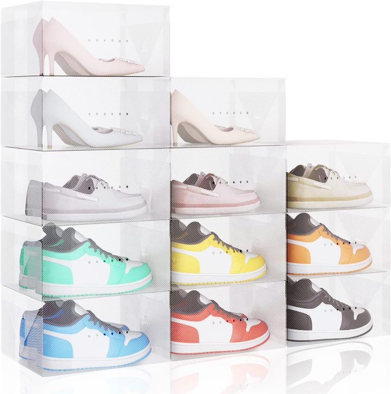 Photo 1 of Fixwal 12 Pack Shoe Storage Boxes Large Clear Plastic Foldable Shoe Storage Containers Stackable Shoe Organizer for Closet Space Saving Sneaker Containers Bins