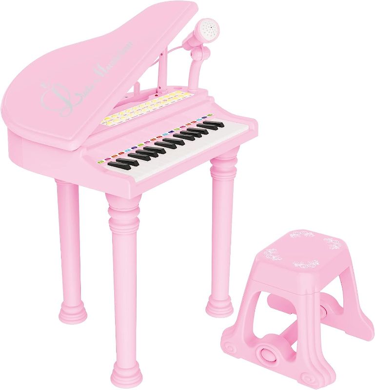 Photo 1 of Losbenco Kids Piano Keyboard Toy, Toddler Electronic Musical Instrument Educational Toy with Microphone, Multiple Sounds, Record Playback, Lights & Stool, Birthday Gift for 3 4 5 6 7 Years Old (Pink)