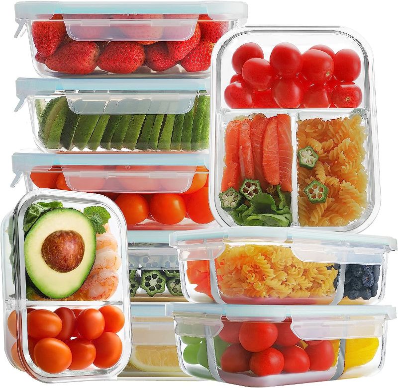 Photo 1 of Bayco 9 Pack Glass Meal Prep Containers 3 & 2 & 1 Compartment, Glass Food Storage Containers with Lids, Airtight Glass Lunch Bento Boxes, BPA-Free & Leak Proof (9 lids & 9 Containers)