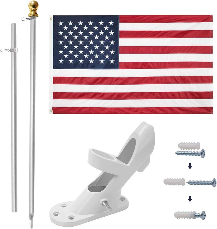 Photo 1 of  American Flag Pole Kit, Including 100% Polyester 2.5x4 ft US Flag, 4 Ft Aluminum Silver No Tangle Spinning Pole and 2-Position Flag Pole Bracket
