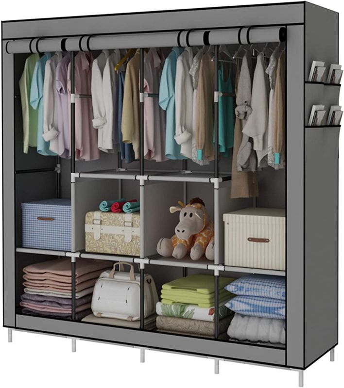 Photo 1 of ACCSTORE Portable Wardrobe Clothing Wardrobe Shelves Clothes Storage Organiser with 4 Hanging Rail,Grey
