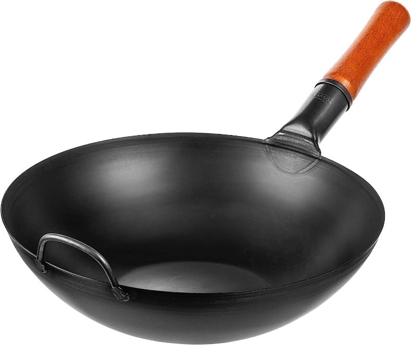 Photo 1 of YOSUKATA Carbon Steel Wok Pan – 13,5 “ Stir Fry Pans - Chinese Wok with Flat Bottom Pow - Traditional Japanese Woks - Black
