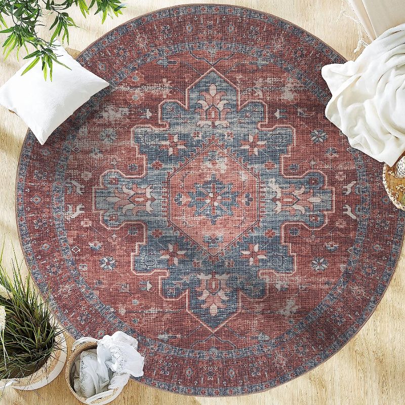 Photo 1 of Adiva Rugs Machine Washable Area Rug with Non Slip Backing for Living Room, Bedroom, Bathroom, Kitchen, Printed Persian Vintage Home Decor, Floor Decoration Carpet Mat (Terra, 6' Round)