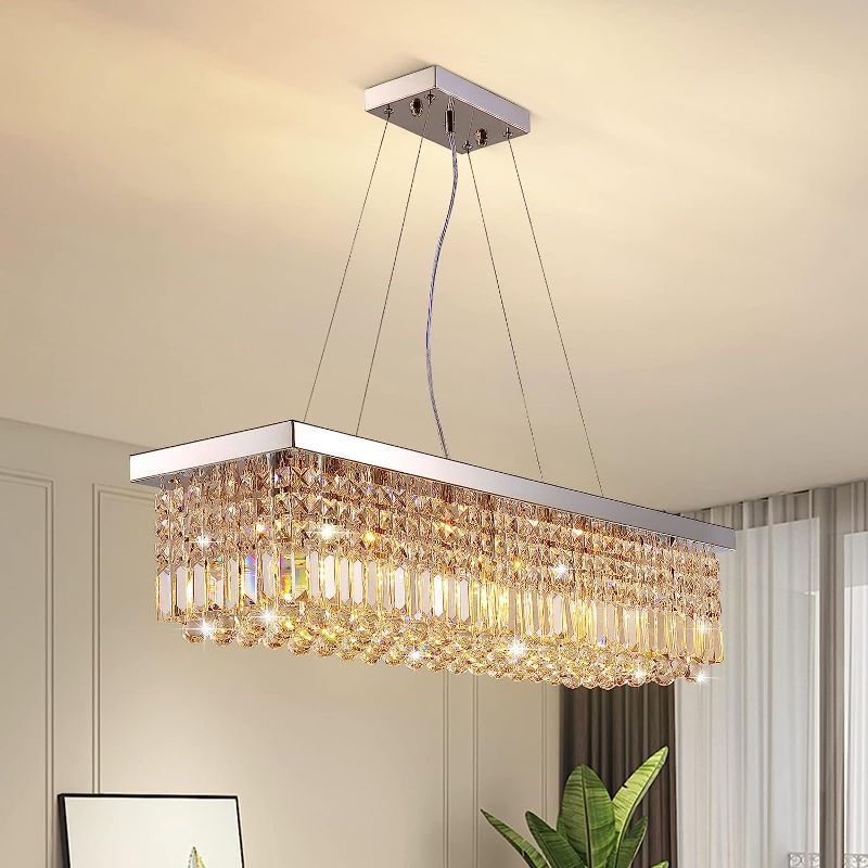 Photo 1 of 7PM Rectangle K9 Crystal Chandelier Modern Rectangular Pendant Light Fixture for Dining Room Kitchen Island Chrome L40 x W10 x H10
