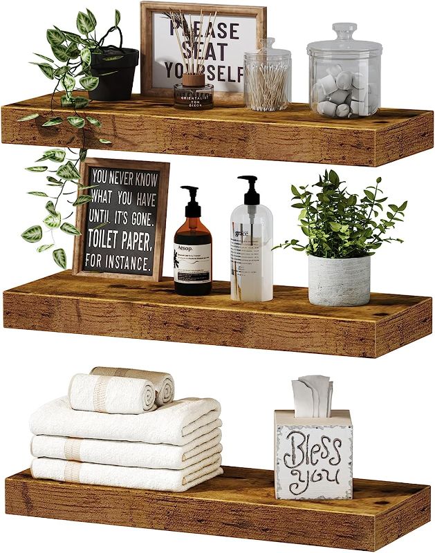 Photo 1 of  Floating Shelves Bathroom Shelf Bedroom Kitchen Farmhouse Small Book Shelf for Wall Mantel Shelves 16 inch Set of 3, Rustic Brown 
