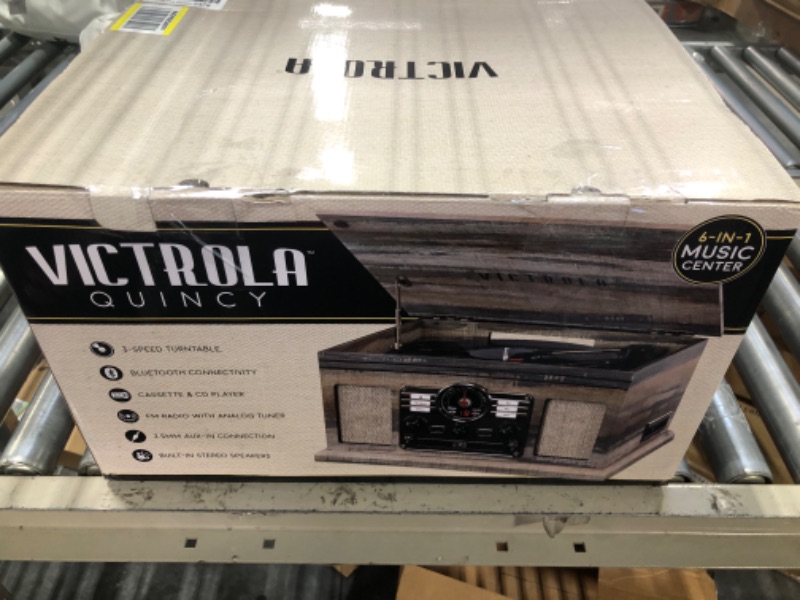 Photo 1 of Victrola Nostalgic 6-in-1 Bluetooth Record Player & Multimedia Center & Cassette Player, AM/FM Radio | Wireless Music Streaming | Farmhouse Shiplap Grey & Wooden Record Crate, Wood Color Farmhouse Shiplap Grey Entertainment Center + Record ***CRATE DOES N