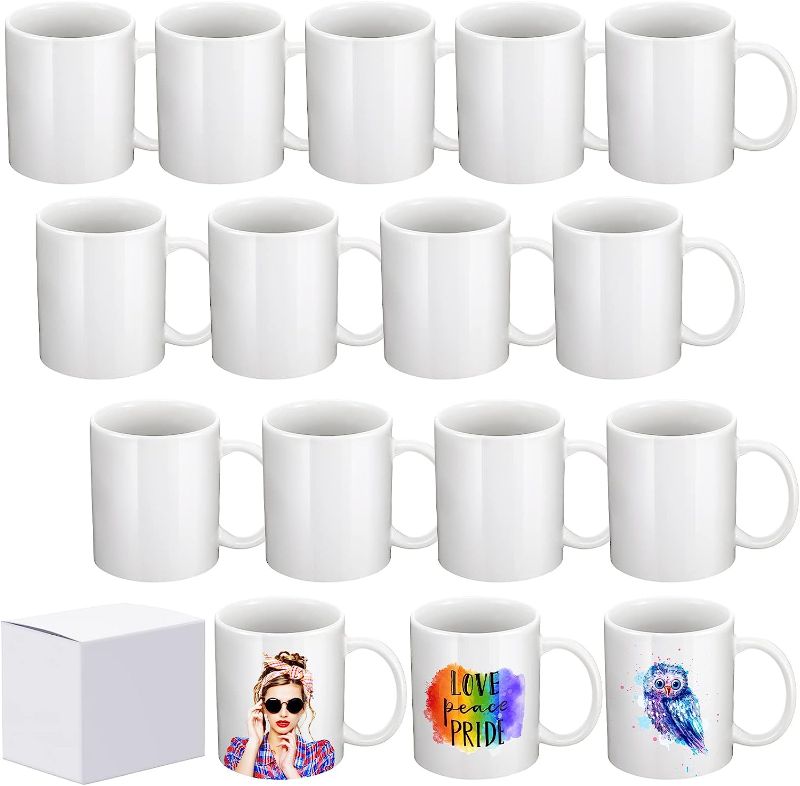 Photo 1 of ]c1x003n0doudYahenda 16 Pieces 11 oz Sublimation Mugs Blank Ceramic Coffee Mugs White DIY Coated Ceramic Cup Sublimation Coffee Mugs with Large Handle White Gift Box for Coffee Tea Milk Latte Hot Cocoa Soup****13 MUG ONLY***

