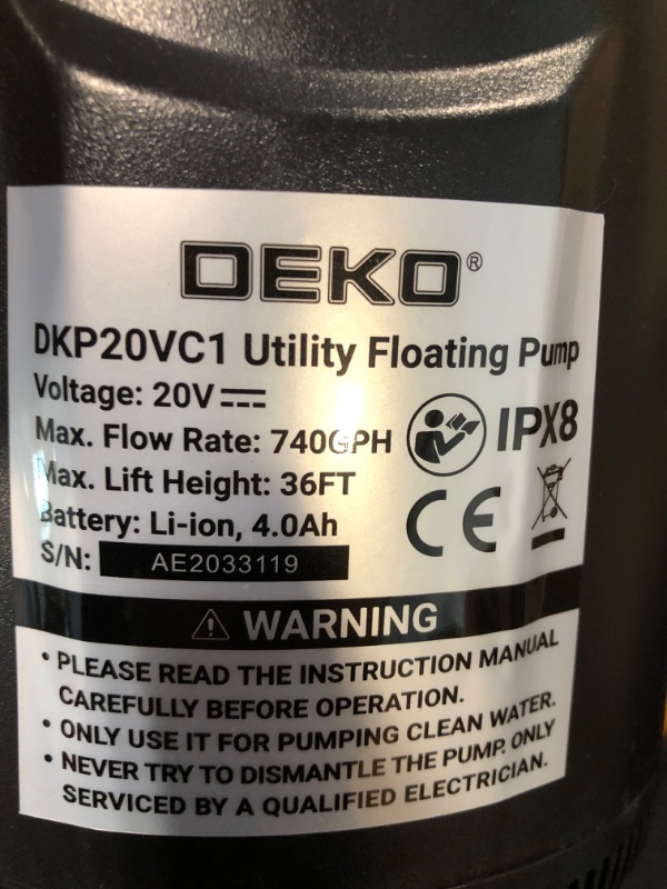 Photo 1 of DEKOPRO Battery Powered Sump Pump 20V Li-ion Utility Pump with Unique Floating Design for Carrying Anywhere Anytime and Keep Pump from Sucking Any Mud or Silt