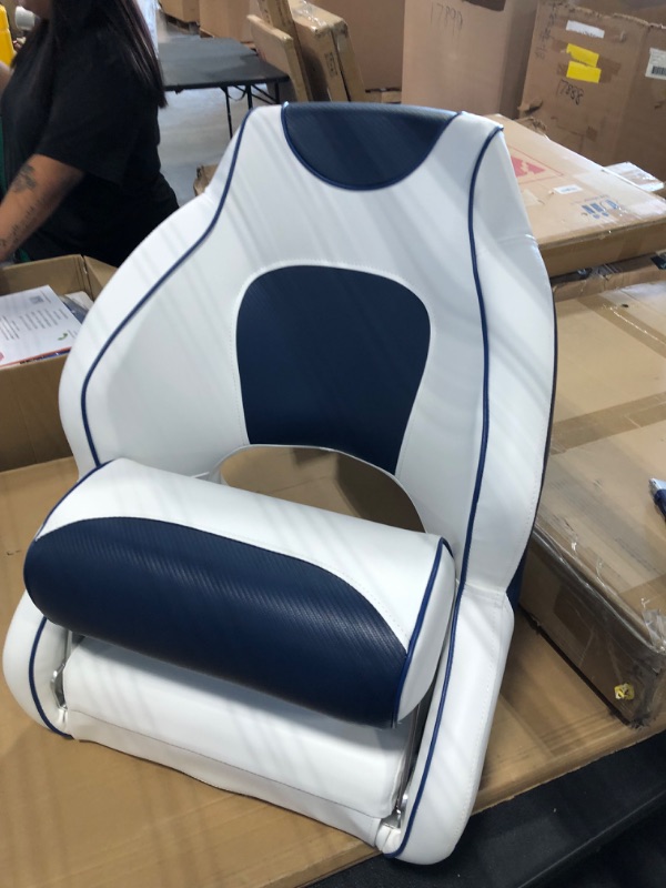 Photo 4 of Leader Accessories Two Tone Captains Bucket Seat Boat Seat Premium Sports Flip Up Boat Seat Model A - White/Blue,Blue Piping