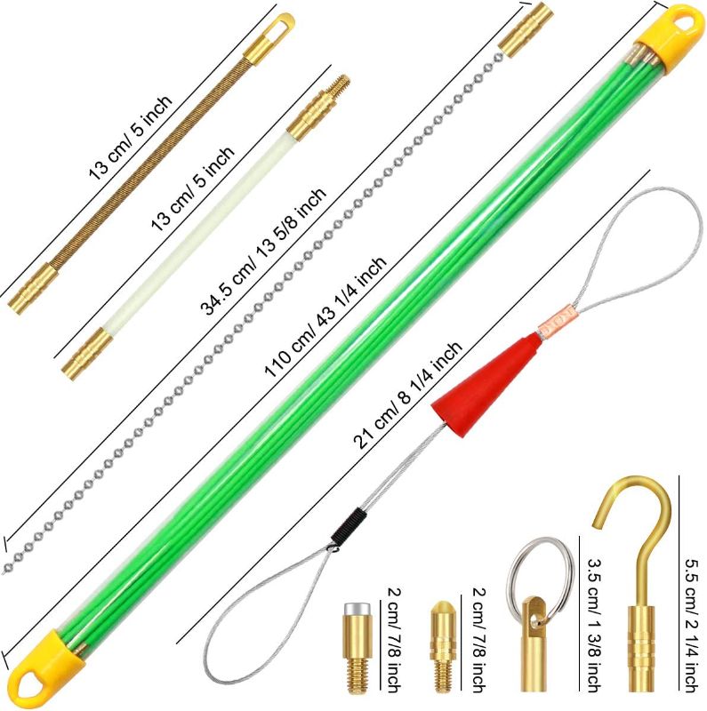 Photo 1 of 50 Feet Fiberglass Cable Wire Running Rod Coaxial Electrical Connectable Fish Tape Pull Kit, Kit with Glow Rod, Hook Hole, Green